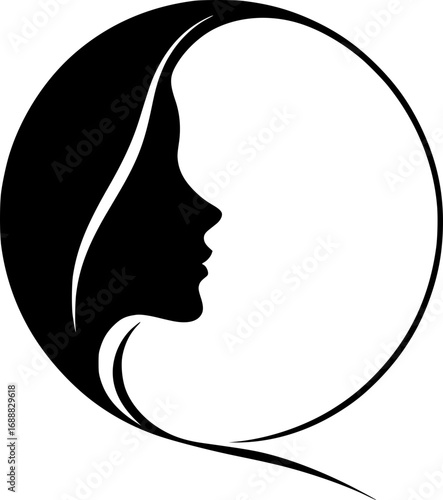 Minimalist black and white vector icon of a woman’s side face in simple art style, clean lines, modern, scalable, perfect for logos or stickers.