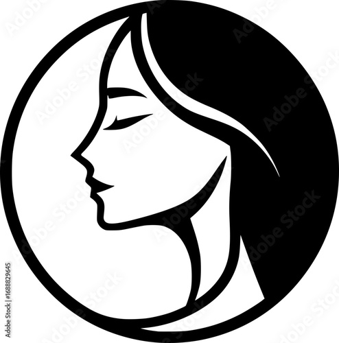 Minimalist black and white vector icon of a woman’s side face in simple art style, clean lines, modern, scalable, perfect for logos or stickers.