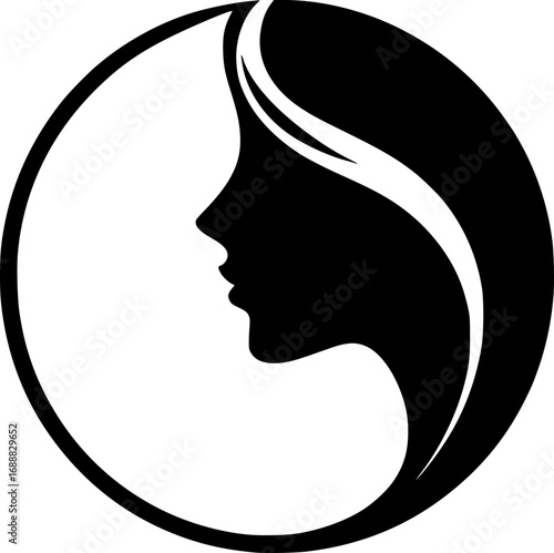 Minimalist black and white vector icon of a woman’s side face in simple art style, clean lines, modern, scalable, perfect for logos or stickers.