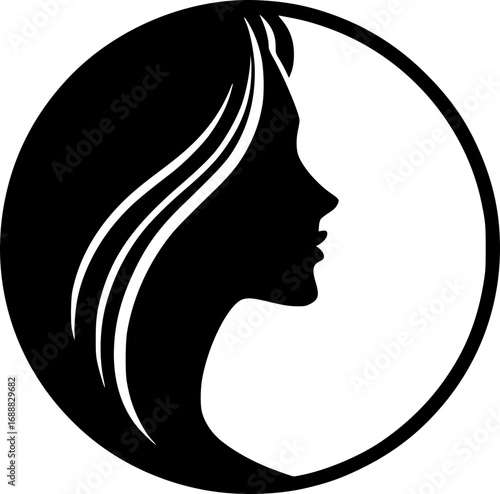 Minimalist black and white vector icon of a woman’s side face in simple art style, clean lines, modern, scalable, perfect for logos or stickers.