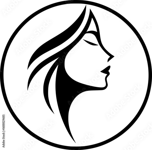 Minimalist black and white vector icon of a woman’s side face in simple art style, clean lines, modern, scalable, perfect for logos or stickers.