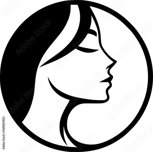 Minimalist black and white vector icon of a woman’s side face in simple art style, clean lines, modern, scalable, perfect for logos or stickers.