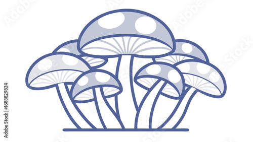 Minimalist blue line art of clustered mushrooms with spotted caps on white background
