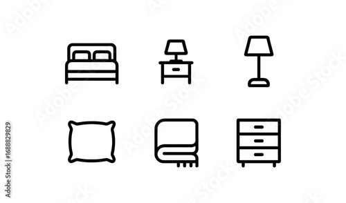 Minimalist bedroom furniture icons set with bed, lamp, pillow, blanket, nightstand, and dresser