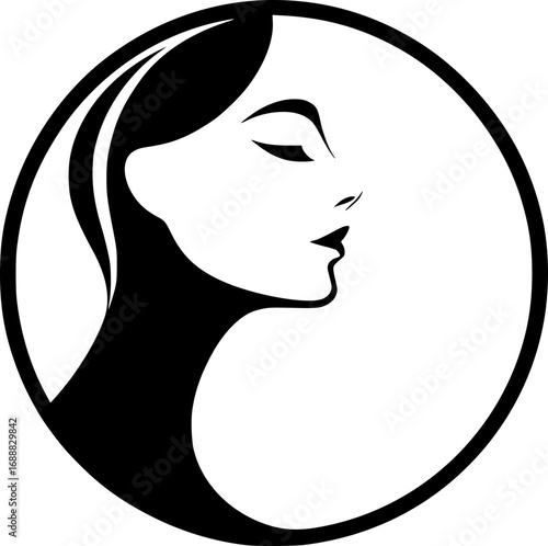 Minimalist black and white vector icon of a woman’s side face in simple art style, clean lines, modern, scalable, perfect for logos or stickers.