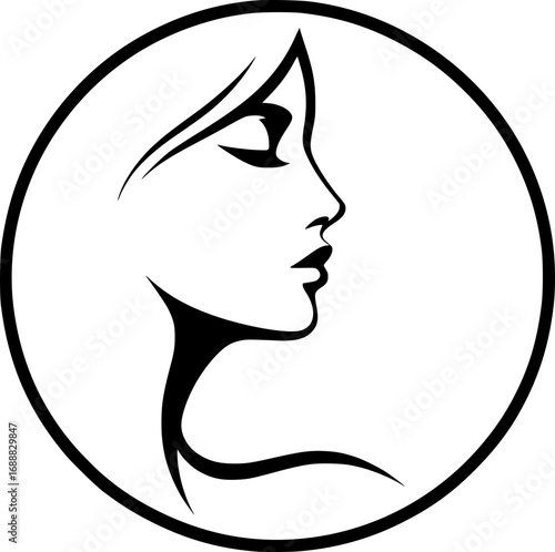 Minimalist black and white vector icon of a woman’s side face in simple art style, clean lines, modern, scalable, perfect for logos or stickers.