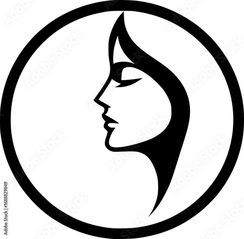Minimalist black and white vector icon of a woman’s side face in simple art style, clean lines, modern, scalable, perfect for logos or stickers.