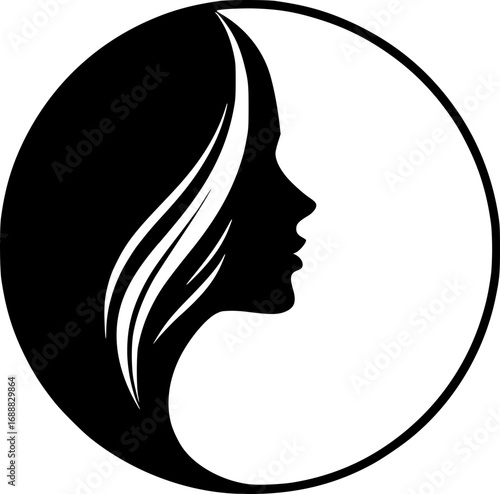 Minimalist black and white vector icon of a woman’s side face in simple art style, clean lines, modern, scalable, perfect for logos or stickers.