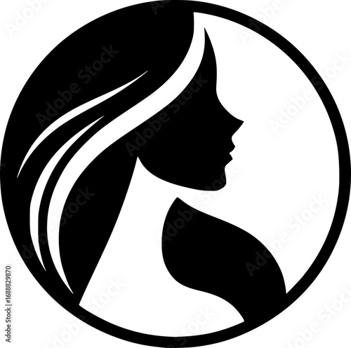 Minimalist black and white vector icon of a woman’s side face in simple art style, clean lines, modern, scalable, perfect for logos or stickers.