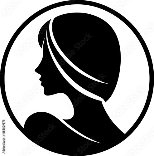 Minimalist black and white vector icon of a woman’s side face in simple art style, clean lines, modern, scalable, perfect for logos or stickers.