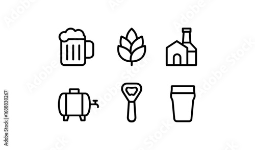 Linear icons of beer, brewery, and equipment essentials