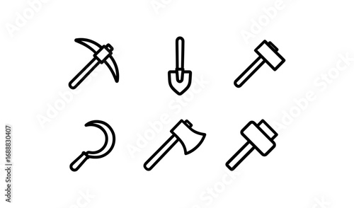 Set of linear garden and construction tools: pickaxe, shovel, sickle, axe, hammer icons