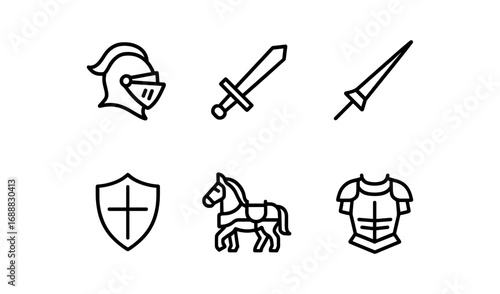 Medieval line icons: knight, sword, shield, and armor set