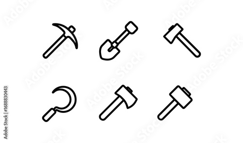 Set of linear agricultural and construction tool icons in black and white