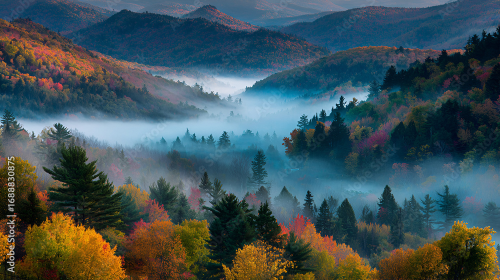 Obraz premium A scenic view of mountains covered in colorful trees with a layer of fog in the valley below