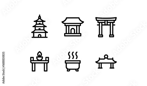 Minimalist icons of traditional asian architecture and symbols