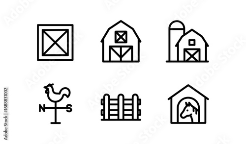 Minimal farm icon set featuring barns, silo, and wind vane in linear style