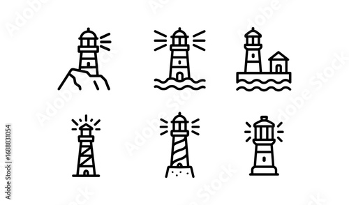 Minimalist lighthouse icon set in linear style with waves and rocks