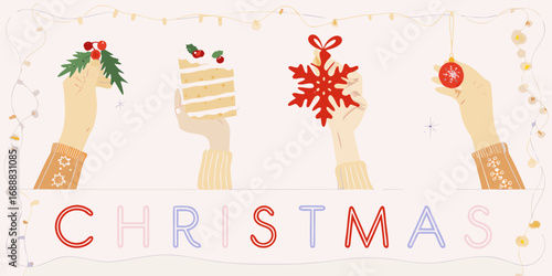 Festive hands holding christmas decorations and treats under twinkling lights