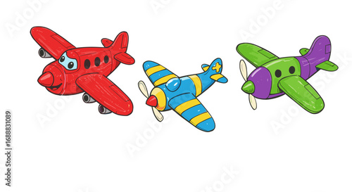 Cute Airplanes Icon Set in Kids Drawing Style on Transparent Background