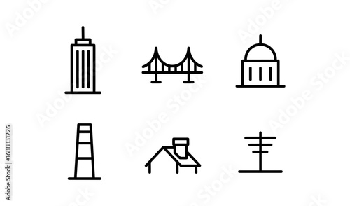 Simple outline icons of urban and industrial structures