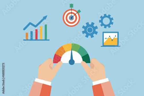 Hands adjusting a performance gauge with business growth charts and target icons symbolizing success