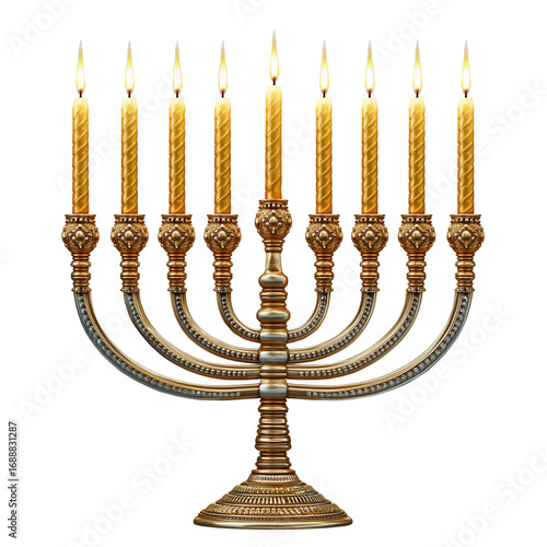 Golden menorah with candles on transparent background. Traditional Jewish symbol.