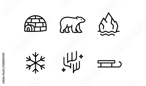 Minimalist arctic icons set featuring polar bear, igloo, iceberg, snowflake, aurora, and sled