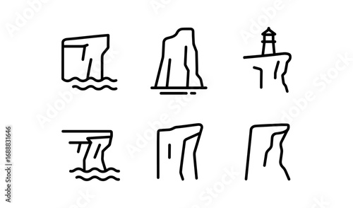 Coastal cliff icons set in minimalist linear style featuring lighthouse and waves