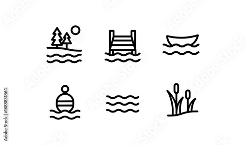 Minimalist nature icons featuring lakeside scenery and outdoor elements