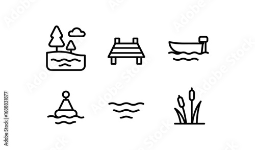 Linear icons of lake elements: dock, boat, trees, clouds, buoy, and reeds