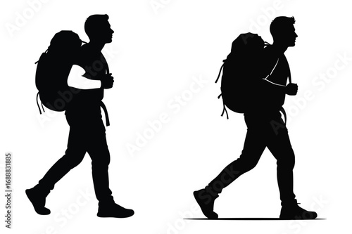 Silhouette of a hiker with a backpack walking forward