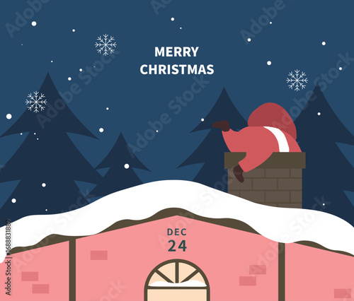 Christmas illustration card template with santa on the roof.