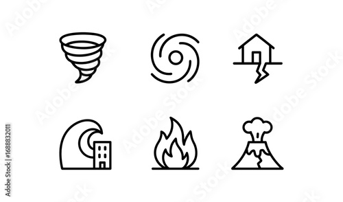 Natural disaster icons set: tornado, cyclone, earthquake, tsunami, fire, volcano