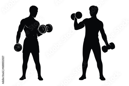 Two black silhouette men lifting dumbbells on a white background male