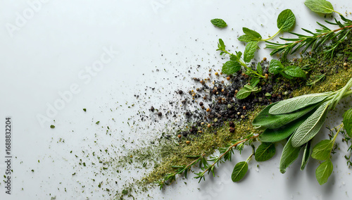 Fresh and dried herbs and spices scattered on a light background with copy space