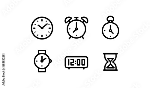 Minimalist clock set: modern line icons of timekeeping devices