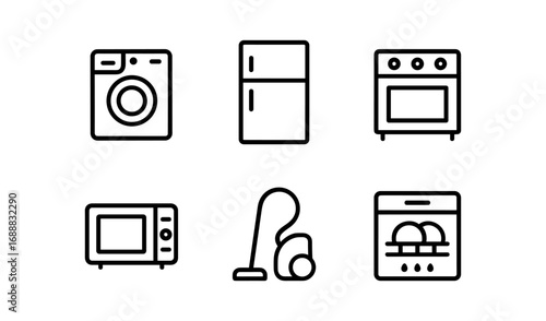 Minimalist household appliance icons: clean line art for modern kitchen designs