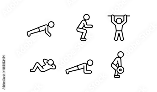 Minimalist workout icons: push-up, squat, pull-up, crunch, plank, deadlift