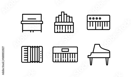 Minimalist piano and keyboard icons collection in modern line art style