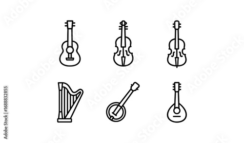 Linear icons of string instruments: guitar, violin, harp, banjo, and mandolin