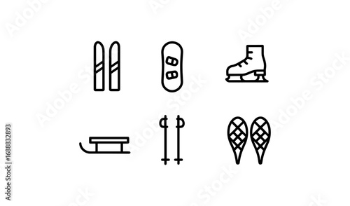 Winter sports equipment icons in linear style: skiing, snowboarding, ice skating, sledding, snowshoeing