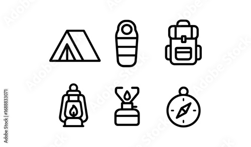 Minimalist camping icons set featuring tent, backpack, and outdoor gear essentials