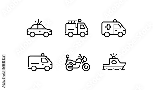 Minimalist line art of emergency and service vehicles in iconic style