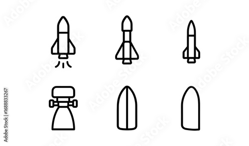 Minimal line icons of rockets and spacecraft components
