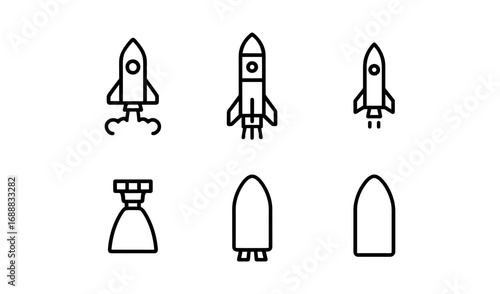 Minimalist rocket line art icons set for tech and space themes