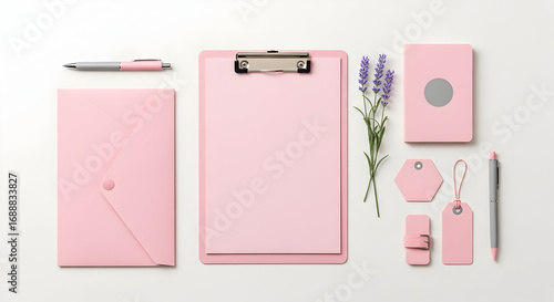 Elegant pink office stationery set with clipboard notepad pen lavender flower and tags for professional and creative workspace decor or organization