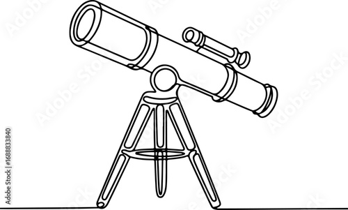 Professional astronomical telescope on a tripod stand in continuous one line art drawing style