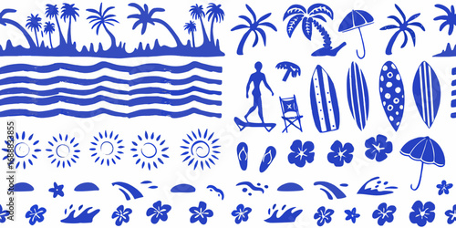 Collection of blue tropical beach elements and summer icons on white background