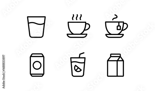 Minimalist line icons of drinks: coffee, tea, juice, and more